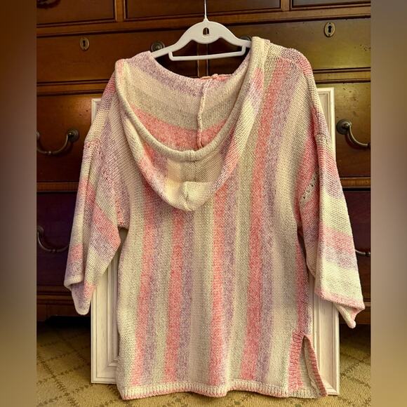 Splendid pastel striped knit pullover tunic w hood, ties, kangaroo pocket. XS/S - Picture 2 of 13